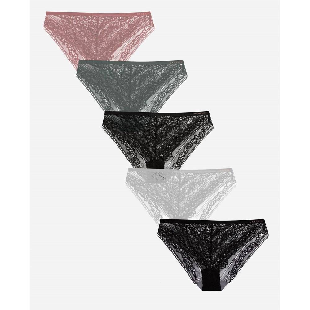 NEW DANSKIN women's 5-pack high cut lace bikini underwear in prickly pear multic